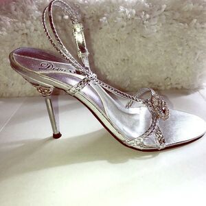 Diva DNA silver spiked heels braid straps crystals